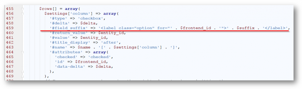 Entity Reference view widgetが参照ターゲットを表示するエレメントが”#field_suffix”を利用しています