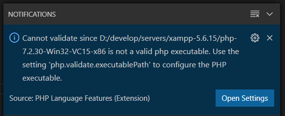 VCCodeのPHP実行パスにphp.exeがなければエラーになる